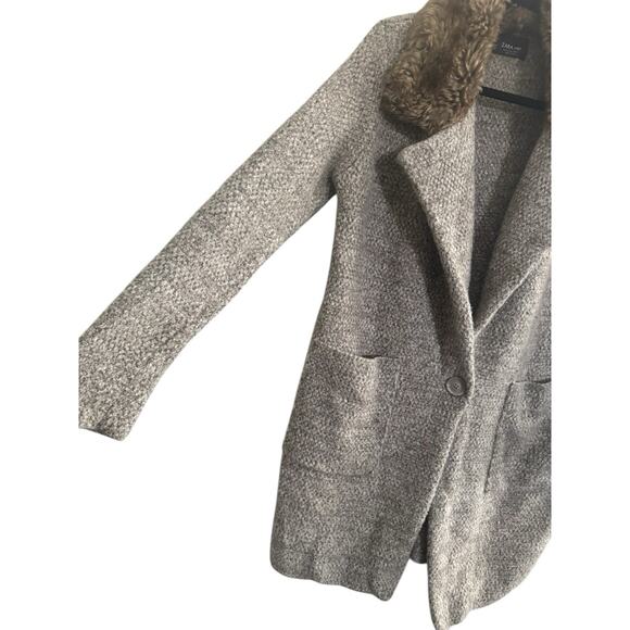 ZARA KNIT Small Fur Collar Long Cardigan Sweater Coat Taupe Pockets #5648 - Picture 3 of 11